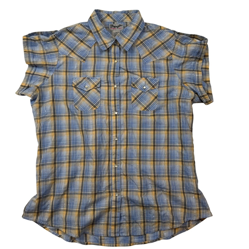 Wrangler Wrancher Womens XL Blue Yellow Plaid Metallic Snap Western Shirt